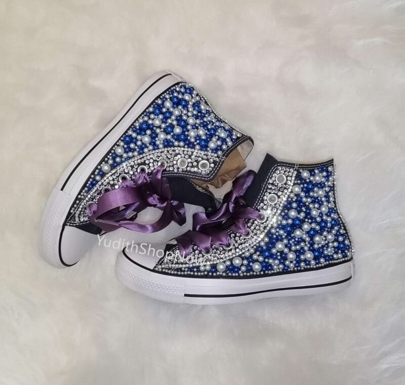 Bling Chuck For Bride -Bedazzled Wedding Sneakers -Blue White - Image 3