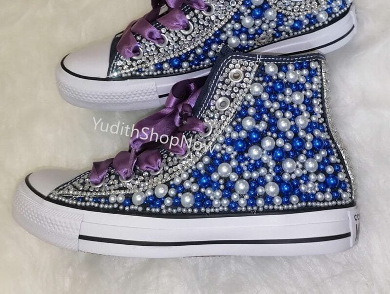 Bling Chuck For Bride -Bedazzled Wedding Sneakers -Blue White - Image 4