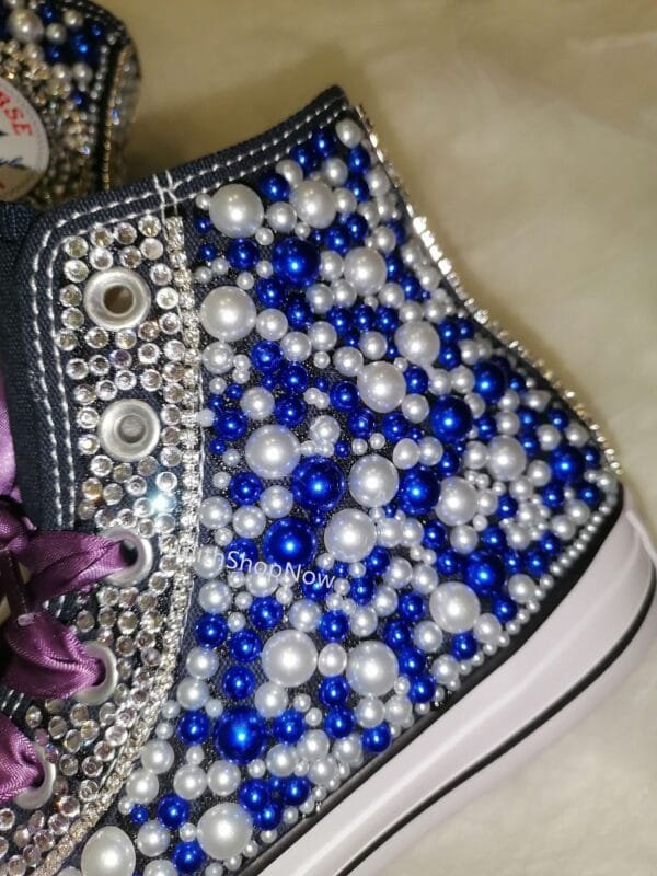 Bling Chuck For Bride -Bedazzled Wedding Sneakers -Blue White - Image 5