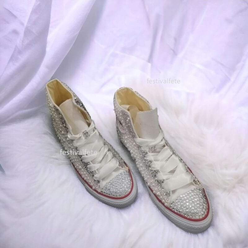 Custom Bezazzled Chuck Bridal Sneakers -Pearl & Rhinestone - Image 3