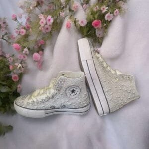 Custom Platform Chuck Wedding Sneakers With Pearl & Rhinestone