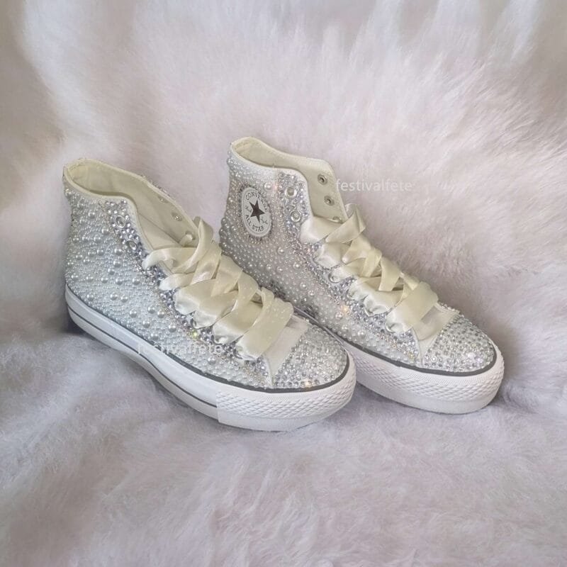 Custom Platform Chuck Wedding Sneakers With Pearl & Rhinestone - Image 3