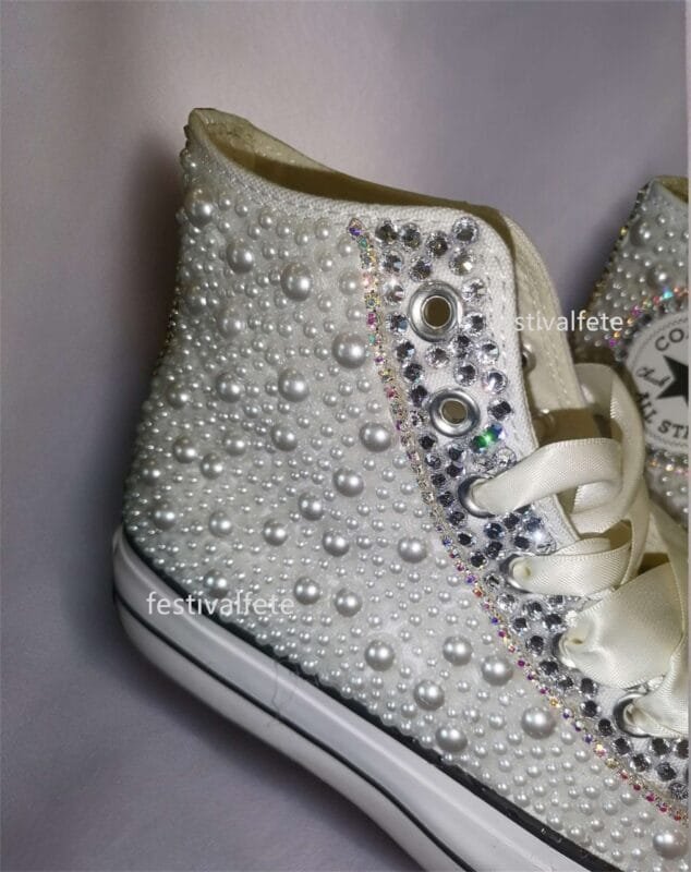 Custom Platform Chuck Wedding Sneakers With Pearl & Rhinestone - Image 10