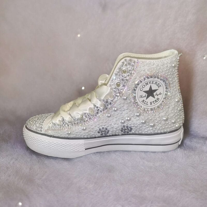 Custom Platform Chuck Wedding Sneakers With Pearl & Rhinestone - Image 5