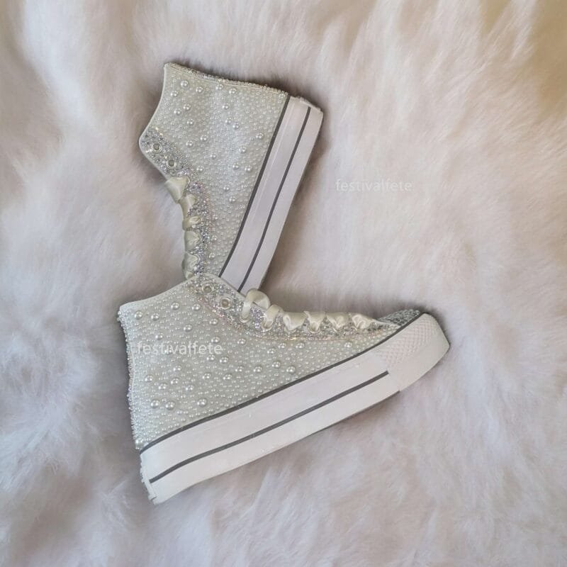 Custom Platform Chuck Wedding Sneakers With Pearl & Rhinestone - Image 7