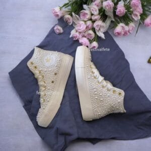 Custom Platform Chuck Pearl Wedding Sneakers -Off White