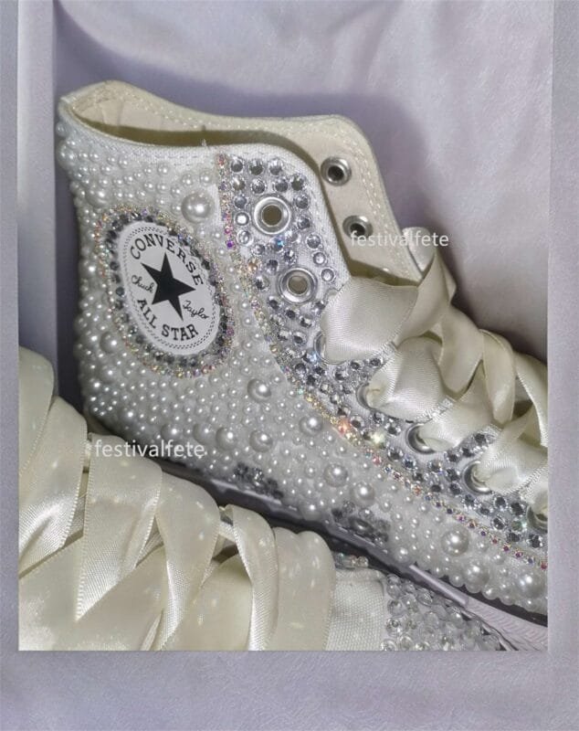Custom Platform Chuck Wedding Sneakers With Pearl & Rhinestone - Image 8