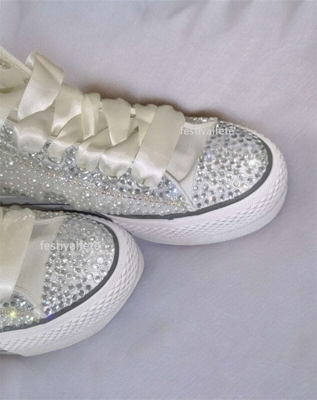 Custom Platform Chuck Wedding Sneakers With Pearl & Rhinestone - Image 9