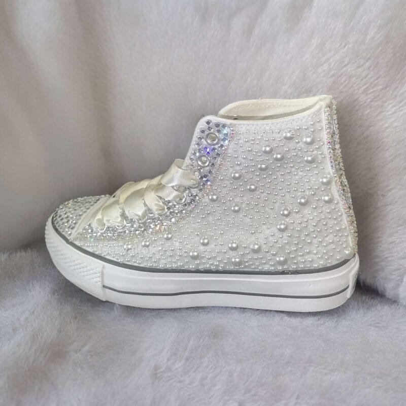 Custom Platform Chuck Wedding Sneakers With Pearl & Rhinestone - Image 4