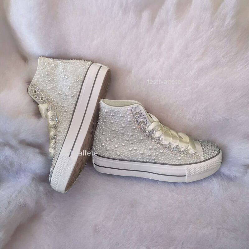Custom Platform Chuck Wedding Sneakers With Pearl & Rhinestone - Image 6