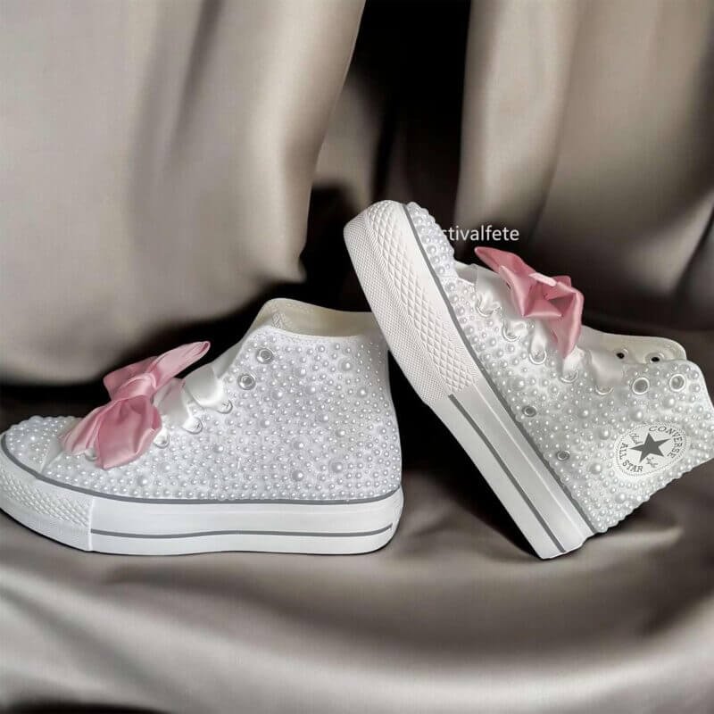 Custom Chuck With Bow For Bride -White Pearl High Top - Image 2