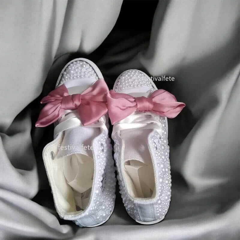 Custom Chuck With Bow For Bride -White Pearl High Top - Image 4