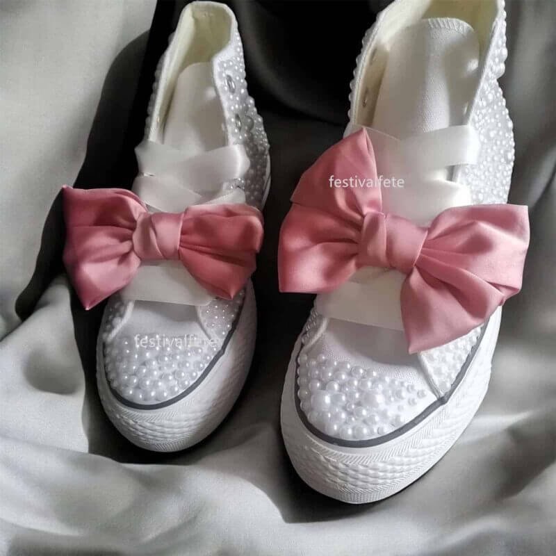 Custom Chuck With Bow For Bride -White Pearl High Top - Image 5