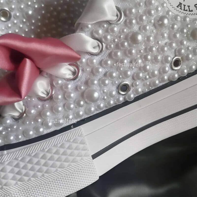 Custom Chuck With Bow For Bride -White Pearl High Top - Image 6