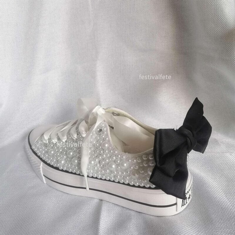 Bow Chuck Custom Bling Low Top Bridal Sneakers -Full Pearl Platform - Image 6