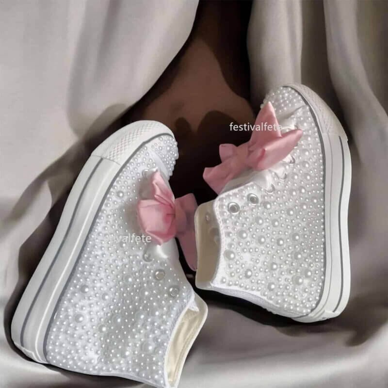 Custom Chuck With Bow For Bride -White Pearl High Top - Image 3