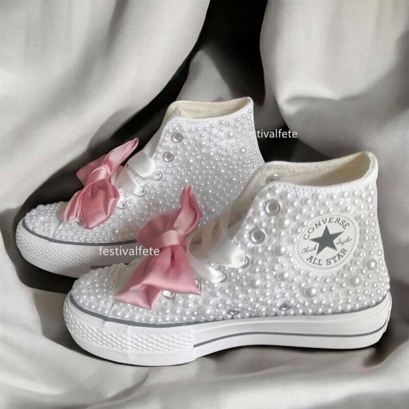 Custom Chuck With Bow For Bride -White Pearl High Top - Image 7