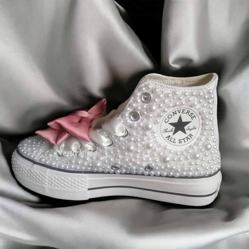 Custom Chuck With Bow For Bride -White Pearl High Top - Image 8