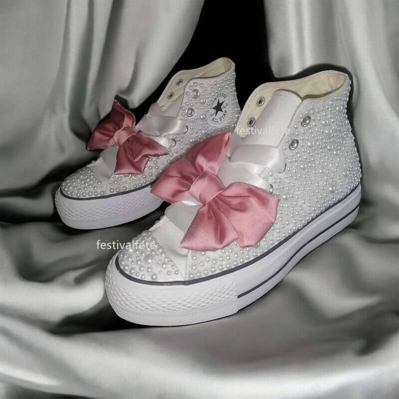Custom Chuck With Bow For Bride -White Pearl High Top - Image 9