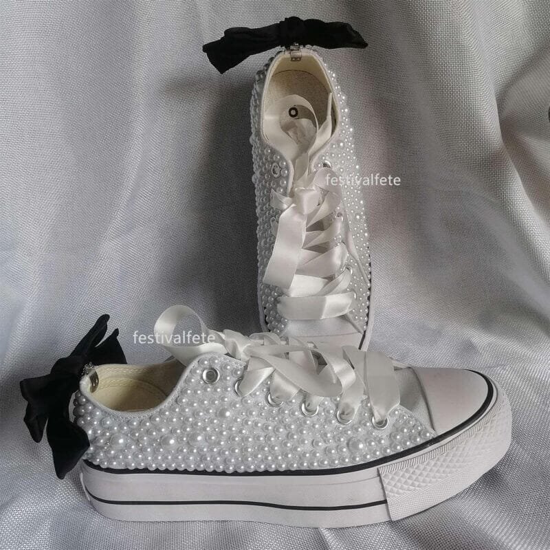 Bow Chuck Custom Bling Low Top Bridal Sneakers -Full Pearl Platform