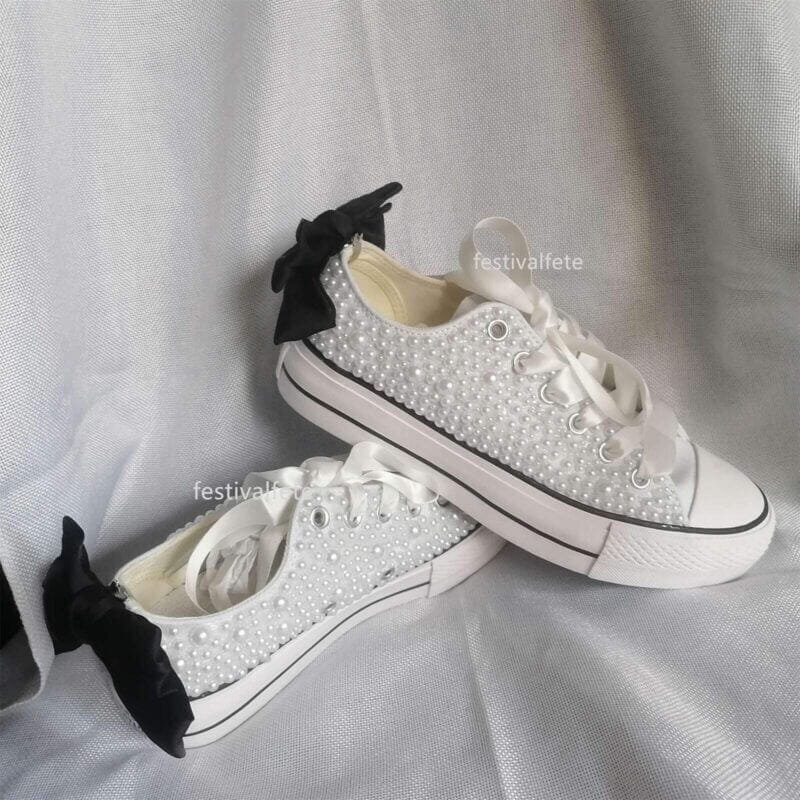 Bow Chuck Custom Bling Low Top Bridal Sneakers -Full Pearl Platform - Image 2