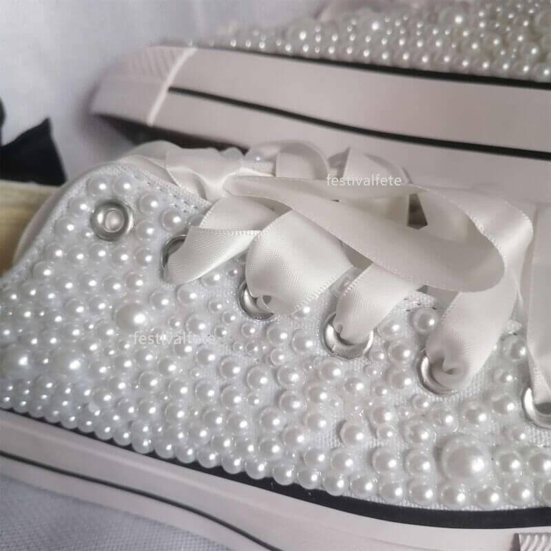 Bow Chuck Custom Bling Low Top Bridal Sneakers -Full Pearl Platform - Image 3