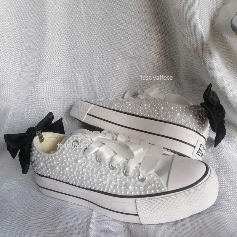 Bow Chuck Custom Bling Low Top Bridal Sneakers -Full Pearl Platform - Image 4