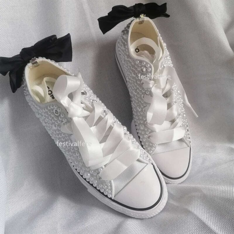 Bow Chuck Custom Bling Low Top Bridal Sneakers -Full Pearl Platform - Image 5