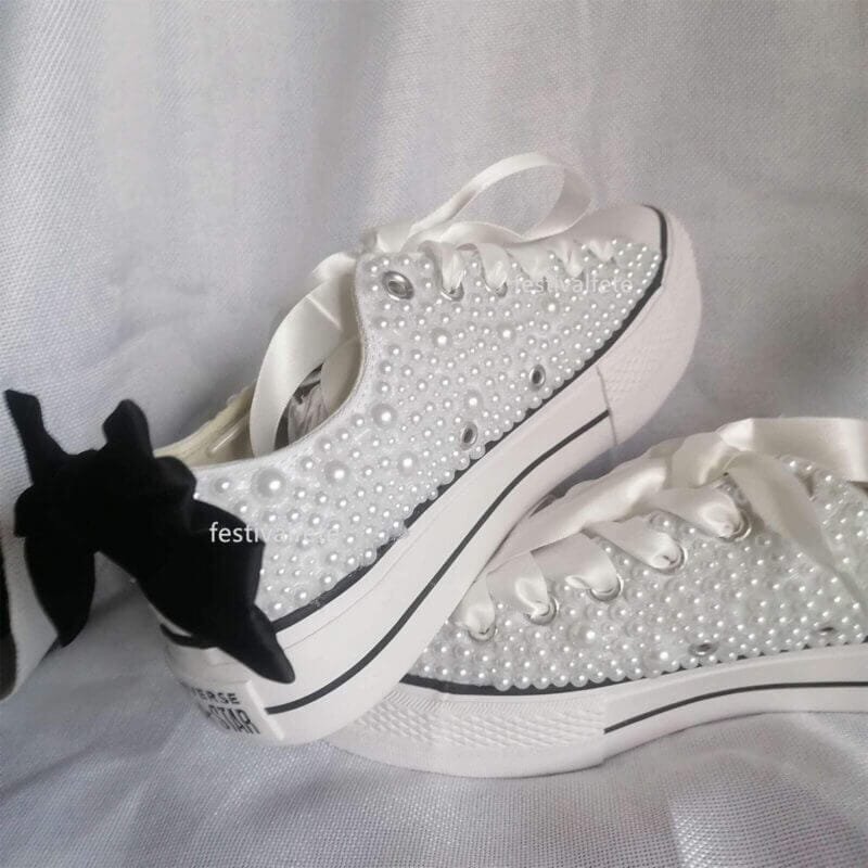 Bow Chuck Custom Bling Low Top Bridal Sneakers -Full Pearl Platform - Image 7