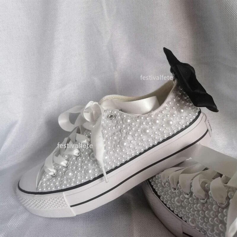 Bow Chuck Custom Bling Low Top Bridal Sneakers -Full Pearl Platform - Image 9