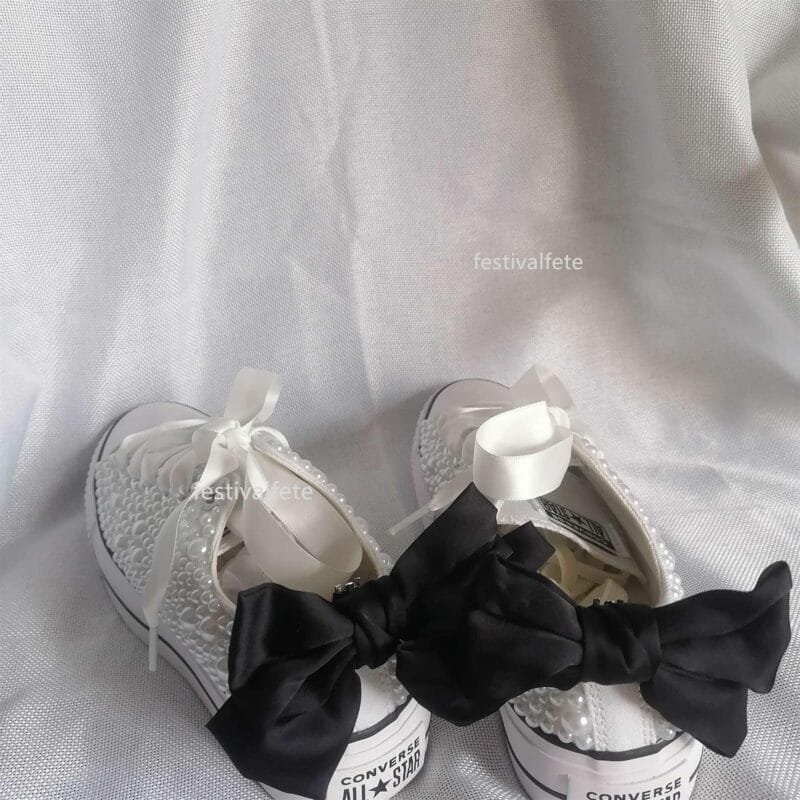 Bow Chuck Custom Bling Low Top Bridal Sneakers -Full Pearl Platform - Image 10